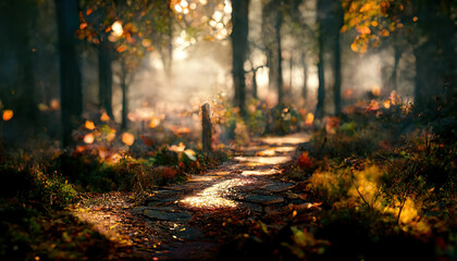 Fototapeta premium Beautiful forest in autumn with rusty leaves and pathway