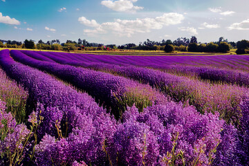 Naklejka na ściany i meble Stunning landscape with lavender field at sunset