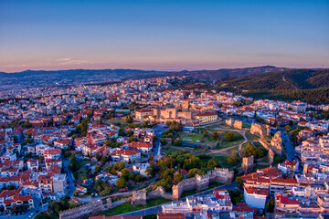 Aerial drone view of city of Thessaloniki at sunset, North Greece