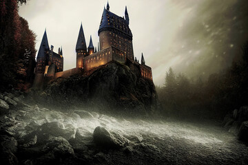 Spooky old gothic castle, foggy night, haunted mansion