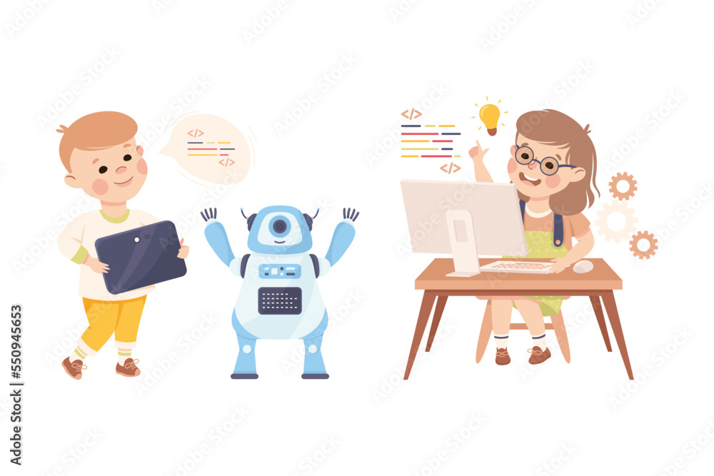 Poster little boy and girl writing code and engineering smart technology and artificial intelligence vector