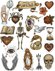 Vintage set of magic tattoo symbols, transparent PNG