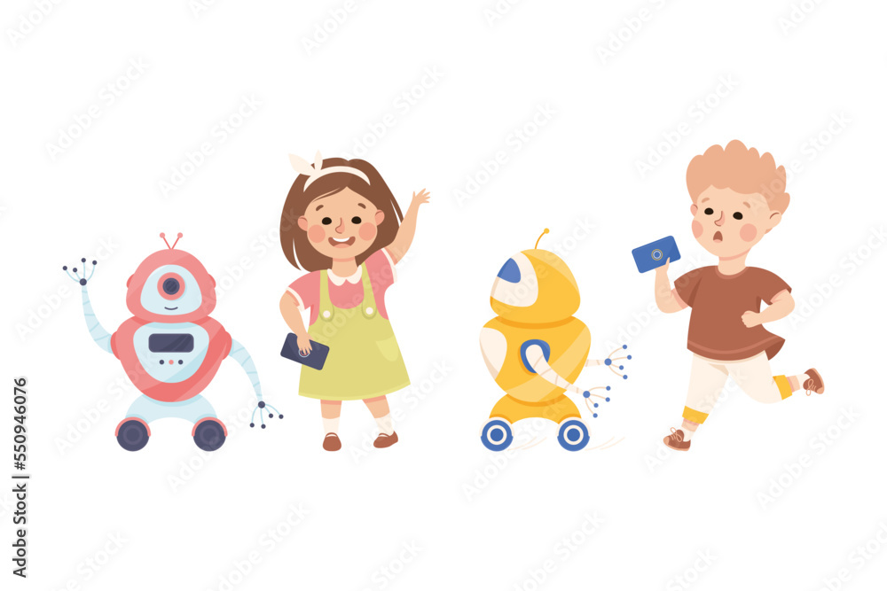 Poster little boy and girl with robot engineering smart technology and artificial intelligence vector set