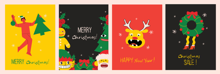 Merry Christmas and Happy New Year Set of greeting cards, posters, holiday covers. Modern Xmas design in green, red, yellow and white colors. Christmas tree, balls, fir branches, gifts elements