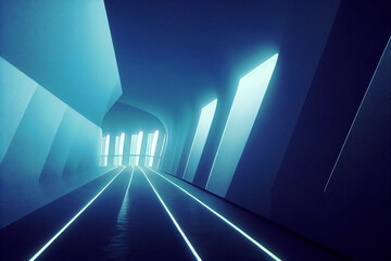 Futuristic tunnel with bright blue neon lights. Urban landscape. Cyberpunk style