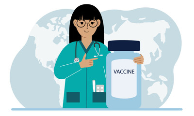 Pandemic, vaccination and health concept. Doctor with a bottle of vaccine.