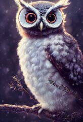 An owl sits on a tree branch in the snow. Owl, winter background