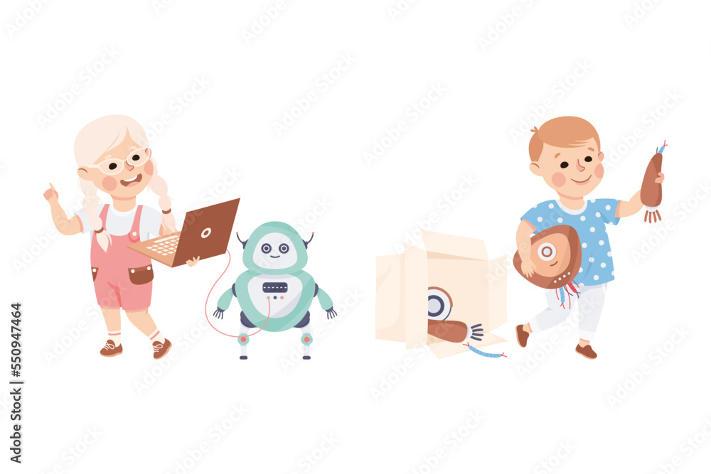 Poster little boy and girl assembling robot engineering smart technology and artificial intelligence vector