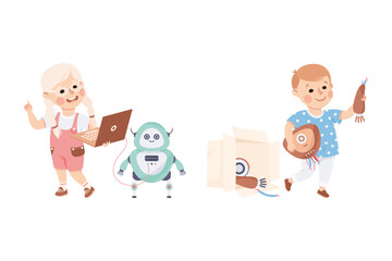 Little Boy and Girl Assembling Robot Engineering Smart Technology and Artificial Intelligence Vector Set
