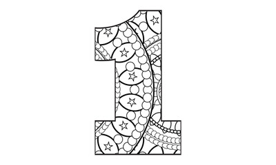 Zentangle stylized alphabet.Number 1 in doodle style. Hand drawn sketch font, vector illustration for coloring page, tattoos, makhendas or decoration.