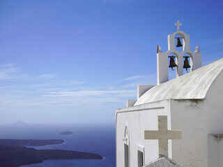 The Santorini church and view of the caldera, Greece