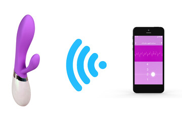 Mounting. Synchronization of a vibrator application on the smartphone. A sex toy to strengthen the pelvic floor muscles. Vector, illustration.