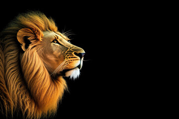 Naklejka premium Portrait of a Beautiful Lion with a large mane against a black background, shot in profile