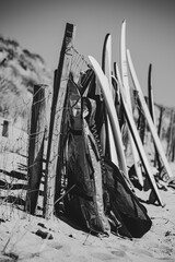 Surfboard and surfing equipment leaning against the barriers protecting the sand dune of the beach of Saint-Gilles-Croix-de-Vie