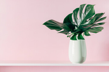 Tropical palm leaves Monstera in vase on pink wall background