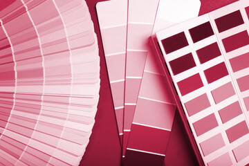 Color samples palette design catalog. New 2023 trending PANTONE Viva magenta colour