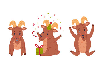 Urial Character as Wild Mountain Sheep with Horns Blowing Whistle and Jumping Vector Set