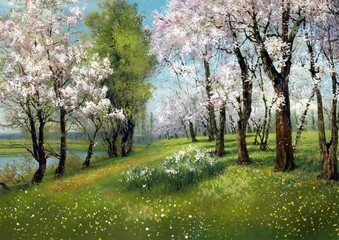 Paintings landscape, spring, tree in bloom, blooming tree in spring. Artwork, fine art