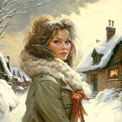 Illustration of a woman wearing winter coat in snowy village - generative AI