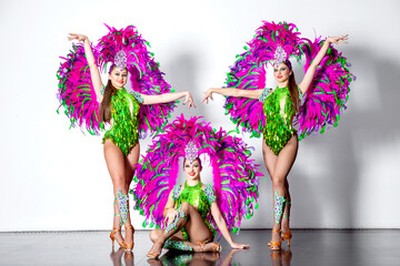 Three young brunette girls dancers in carnival costumes of green and pink feathers pose on a white...