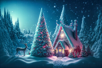 A beautiful Merry Christmas themed festive night scene in winter. A Happy New Year and Christmas Wallpaper. A computer generated digital illustration.