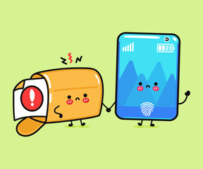 Cute, funny angry smartphone and mailbox with Exclamation point sign. Vector hand drawn cartoon kawaii characters, illustration icon. Funny cartoon smartphone and message mascot character concept