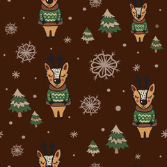 A cute seamless winter pattern with a hand-drawn deer character in the forest,  a cozy brown Christmas season background.