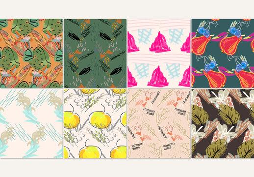 Seamless Pattern Collection with Floral Hand Dawn Doodles