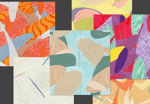 Seamless Pattern Set with Organic Grunge Textured Overlapping Oval Wavy Shapes and Lines