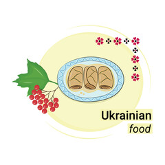 Dish of national Ukrainian cuisine, cabbage rolls, flat vector, isolate on white, inscription Ukrainian food, sticker