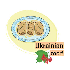 Cabbage rolls, flat vector, isolate on white, inscription Ukrainian food, sticker