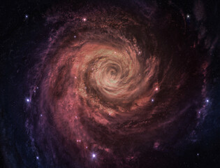 A view from space to a spiral galaxy and stars. Universe filled with stars, nebula and galaxy. ...
