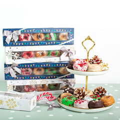 christmas donuts on a cake display