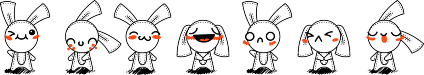 Outline Cartoon Rabbits. Emoticons, doodle faces, eyes and mouth. Caricature comic expressive emotions, smiling, crying and surprised character face expressions