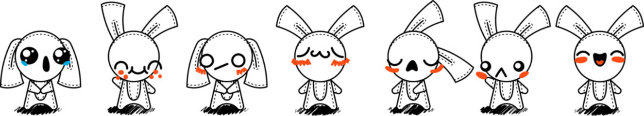 Outline Cartoon Rabbits. Emoticons, doodle faces, eyes and mouth. Caricature comic expressive emotions, smiling, crying and surprised character face expressions © Drekhann