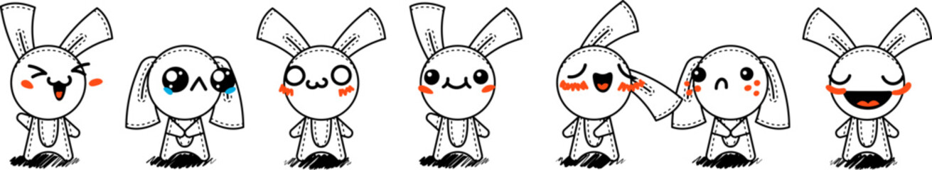 Outline Cartoon Rabbits. Emoticons, doodle faces, eyes and mouth. Caricature comic expressive emotions, smiling, crying and surprised character face expressions