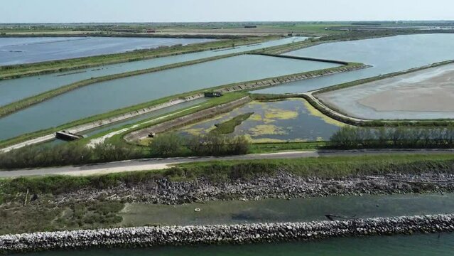 Aerial view and flight in Po Delta Nature Park in Italy.