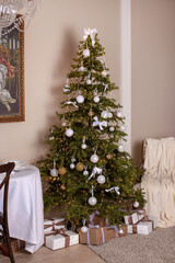 Christmas interior in retro style. Gifts under the tree for enjoy. 