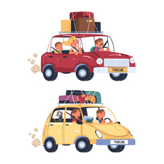 People Character Traveling by Car with Luggage Trunks on Roof Having Trip on Vacation Vector Set