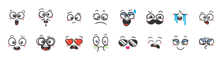 Fototapeta premium Various Cartoon Emoticons Set. Doodle faces, eyes and mouth. Caricature comic expressive emotions, smiling, crying and surprised character face expressions