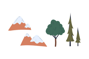 Mountains and Green Tree with Trunk and Lush Crown as Forest Element Vector Set