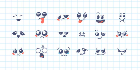 Various Cartoon Emoticons Set. Doodle faces, eyes and mouth. Caricature comic expressive emotions, smiling, crying and surprised character face expressions