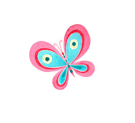 Cute colored butterfly on a white background. Watercolor illustration.