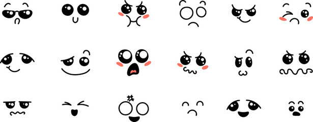 Various Cartoon Emoticons Set. Doodle faces, eyes and mouth. Caricature comic expressive emotions, smiling, crying and surprised character face expressions