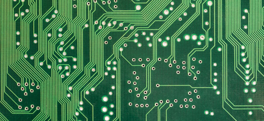 Simple green PCB, circuit board lines, paths abstract background texture, backdrop, nobody, wide...
