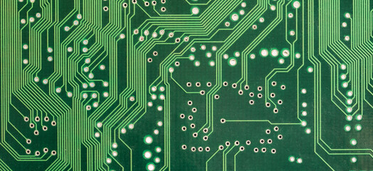 Simple green PCB, circuit board lines, paths abstract background texture, backdrop, nobody, wide shot, object detail, extreme closeup. Electrical connections, circuits, technology, engineering concept