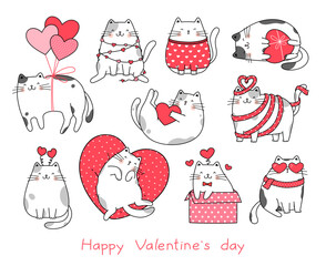 Hand drawn vector character collection cats for Valentine's Day