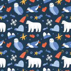 Northern animals print, cute polar bear, snow owl and adorable sliding penguin, arctic mammals illustrations, funny characters, doodle snowflakes, seamless vector pattern, good as wrapping paper