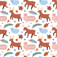 North forest animals pattern, cute reindeer, funny moose and white arctic fox, adorable snow leopard, hand drawn Scandinavian mammals, seamless background, Christmas print for children, wrapping paper