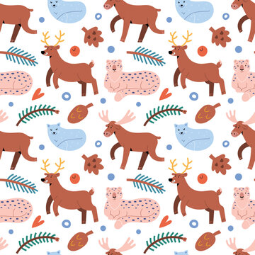 North forest animals pattern, cute reindeer, funny moose and white arctic fox, adorable snow leopard, hand drawn Scandinavian mammals, seamless background, Christmas print for children, wrapping paper